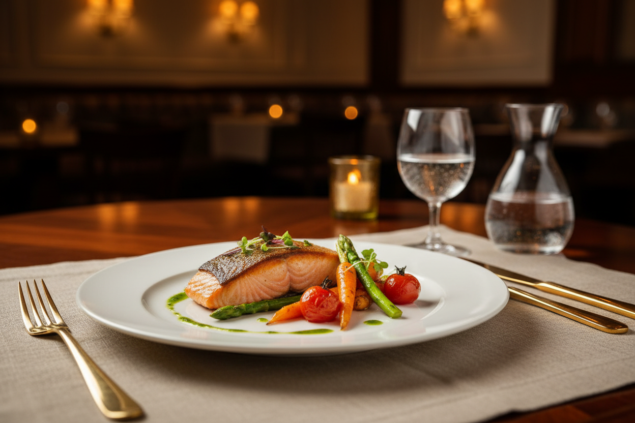 Create an ultra-realistic, luxury fine-dining scene designed for an athlete’s multi-day meal plan. Show a refined, elegant plated dish on a premium table setting with gold cutlery, crystal water glass, and warm soft lighting. The food must look nutritious, balanced and high-end — a combination of lean protein, vibrant vegetables and refined presentation.

