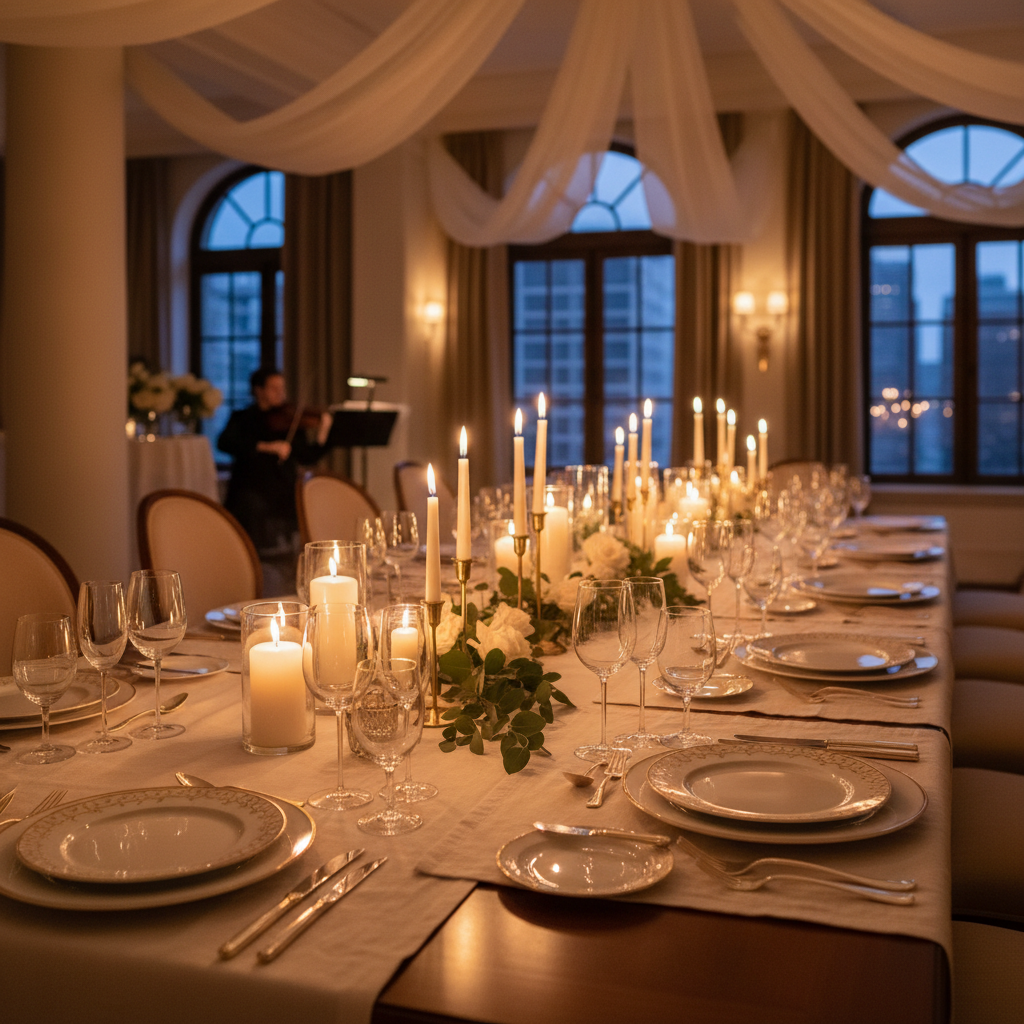 Luxury dinner setup for a special private event. Long table, refined mise en place, candles, champagne glasses, minimal gold accents, premium tableware. Warm cinematic lighting, shallow DOF, elegant and exclusive fine-dining ambiance.